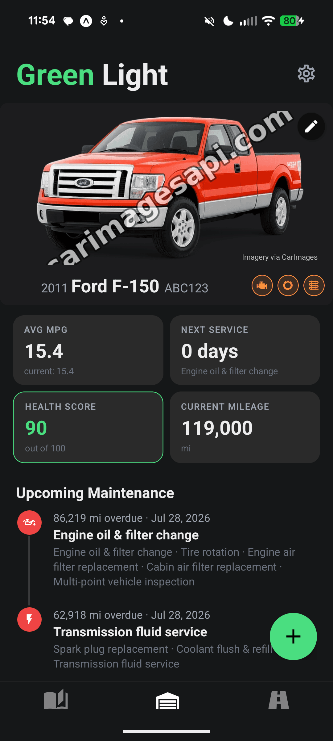 Green Light vehicle health score screen