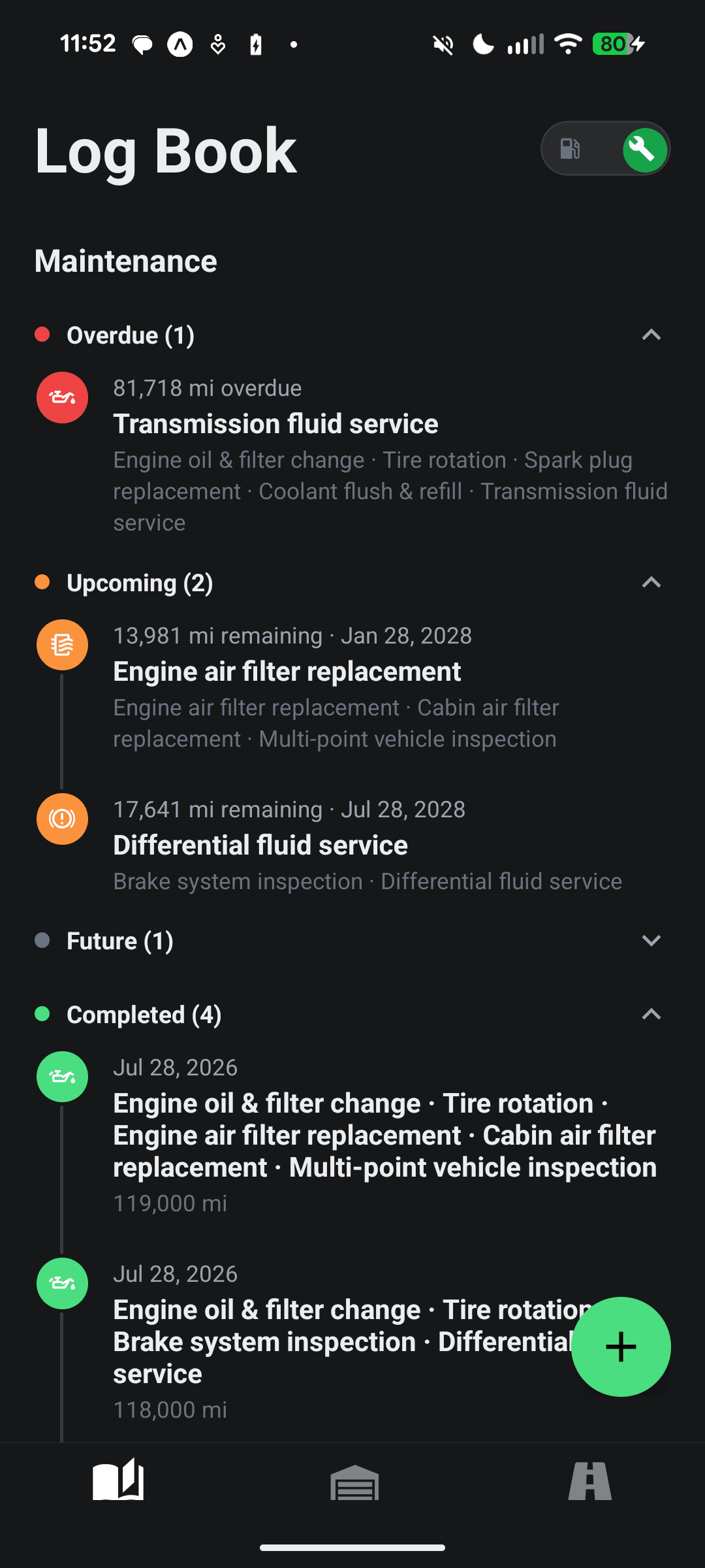 Green Light maintenance log book showing overdue and upcoming service